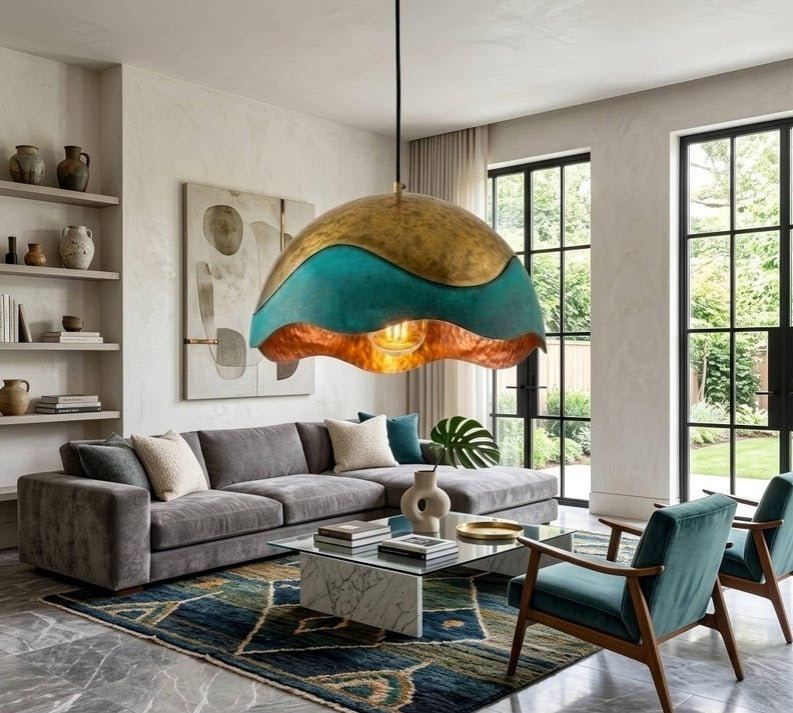Handmade Moroccan Brass Dome Pendant Light – Sculptural Turquoise Patina and Antique Gold Brass Hanging Lamp with Wavy Copper Interior, Boho Mediterranean Ceiling Light for Kitchen Island, Dining Room & Living Room