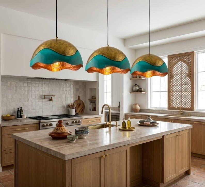 Handmade Moroccan Brass Dome Pendant Light – Sculptural Turquoise Patina and Antique Gold Brass Hanging Lamp with Wavy Copper Interior, Boho Mediterranean Ceiling Light for Kitchen Island, Dining Room & Living Room