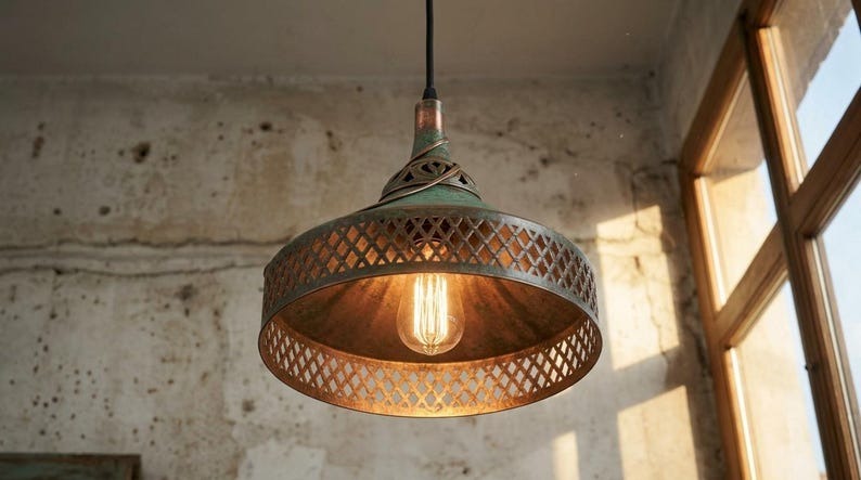 Handmade Moroccan Brass Pendant Light – Green Verdigris Patina Hanging Lamp with Diamond Lattice Cutouts, Antique Copper Trim and Warm Ambient Glow