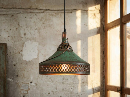 Handmade Moroccan Brass Pendant Light – Green Verdigris Patina Hanging Lamp with Diamond Lattice Cutouts, Antique Copper Trim and Warm Ambient Glow