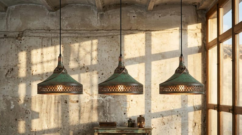 Handmade Moroccan Brass Pendant Light – Green Verdigris Patina Hanging Lamp with Diamond Lattice Cutouts, Antique Copper Trim and Warm Ambient Glow