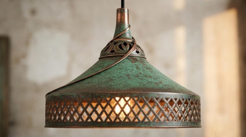 Handmade Moroccan Brass Pendant Light – Green Verdigris Patina Hanging Lamp with Diamond Lattice Cutouts, Antique Copper Trim and Warm Ambient Glow