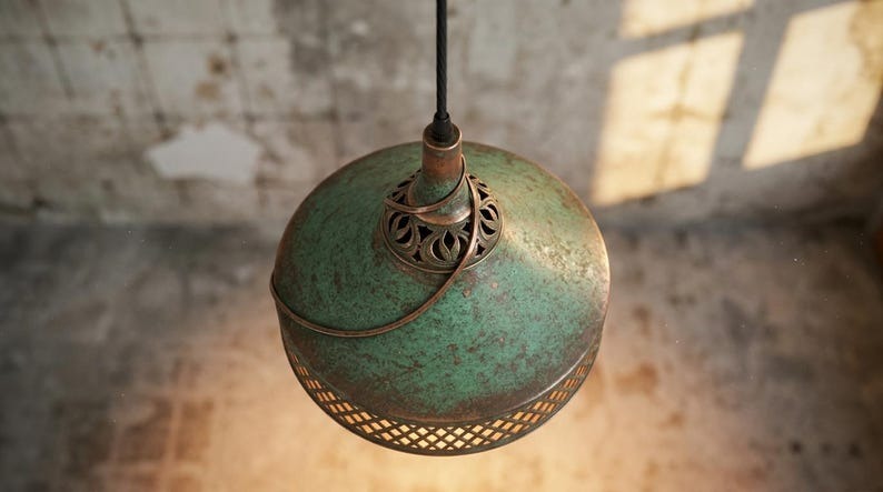 Handmade Moroccan Brass Pendant Light – Green Verdigris Patina Hanging Lamp with Diamond Lattice Cutouts, Antique Copper Trim and Warm Ambient Glow