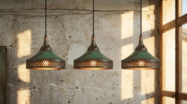 Handmade Moroccan Brass Pendant Light – Green Verdigris Patina Hanging Lamp with Diamond Lattice Cutouts, Antique Copper Trim and Warm Ambient Glow
