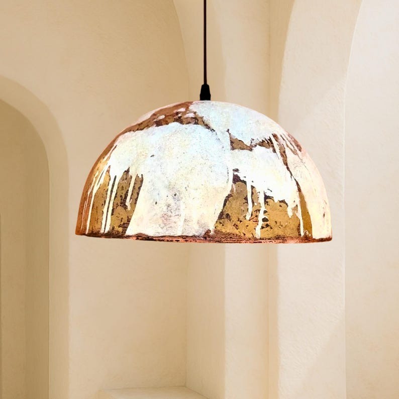 White & Gold Brass Dome Pendant Light – Hand-Finished Moroccan Kitchen Island Chandelier with Copper Interior
