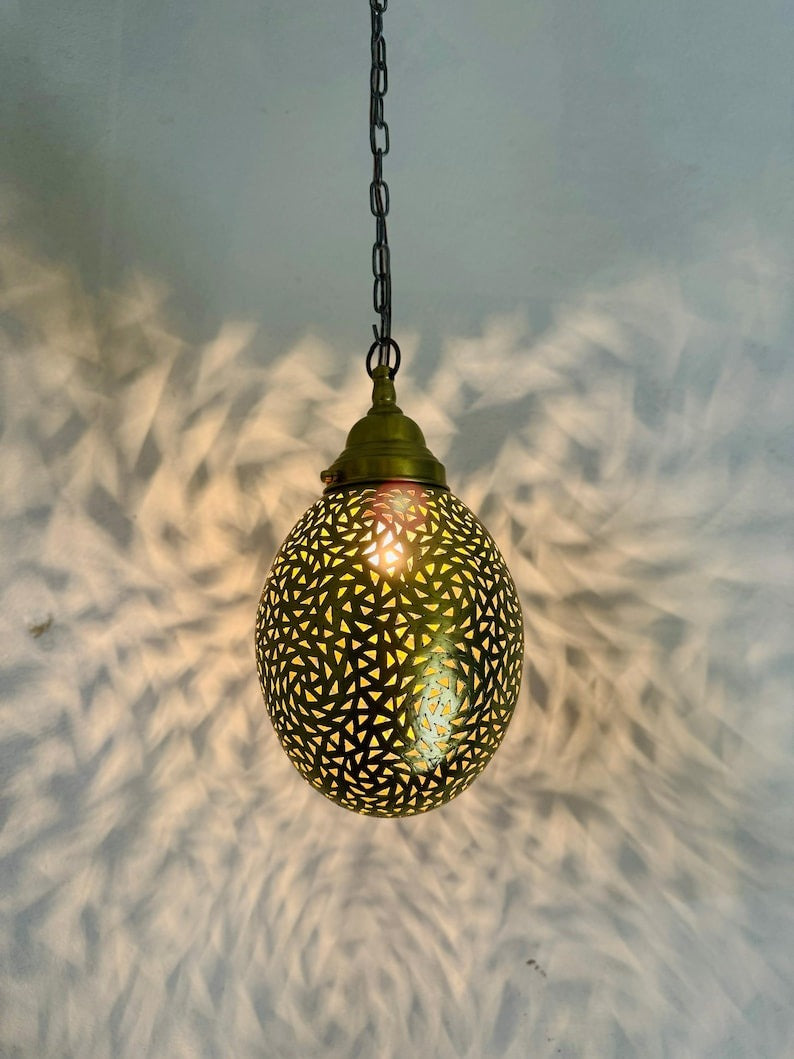 Moroccan Pierced Egg Lantern Pendant Light, Handmade Filigree Metal Hanging Lamp, Boho Moorish Shadow Chandelier, Rustic Arabic Ceiling Light Fixture