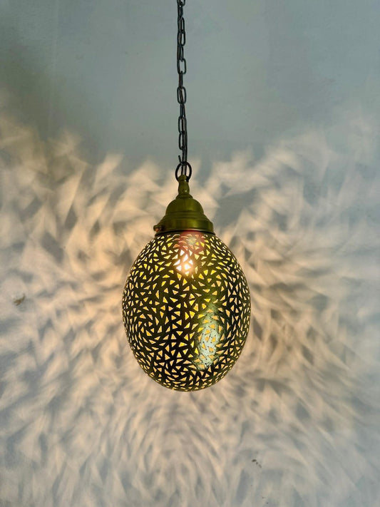 Moroccan Pierced Egg Lantern Pendant Light, Handmade Filigree Metal Hanging Lamp, Boho Moorish Shadow Chandelier, Rustic Arabic Ceiling Light Fixture