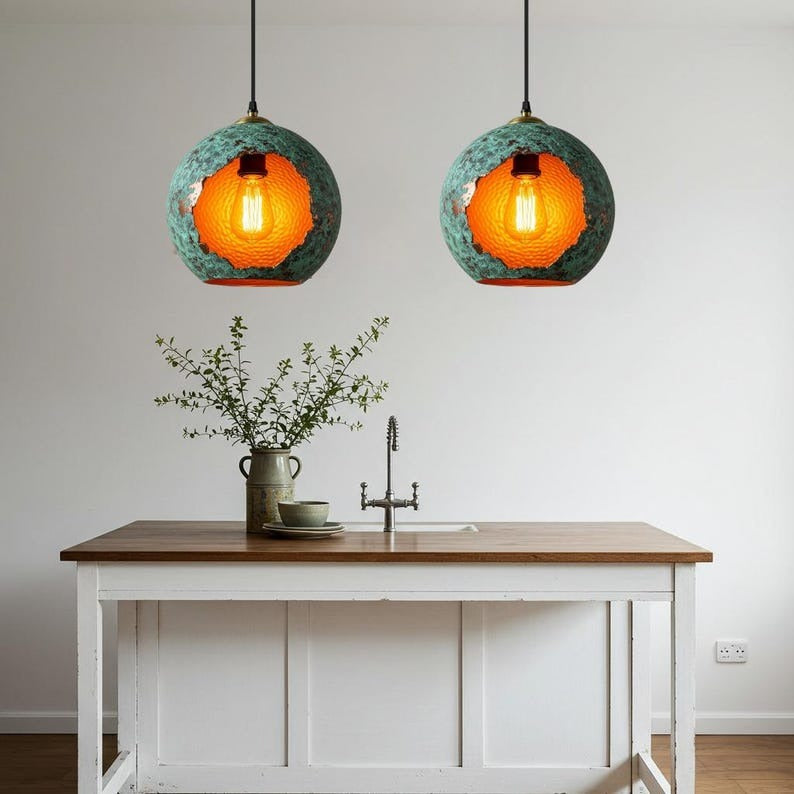 Verdigris Brass Globe Pendant Light – Hammered Copper Orb Hanging Lamp with Open Cutout Design