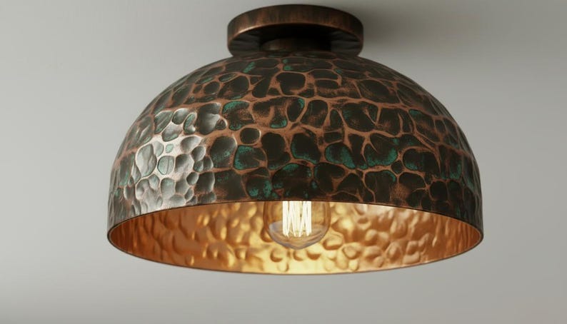 Handmade Moroccan Brass Flush Mount Ceiling Light – Hammered Dome Fixture with Dark Bronze and Green Patina, Warm Gold Interior