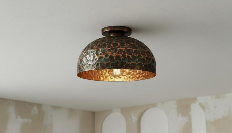 Handmade Moroccan Brass Flush Mount Ceiling Light – Hammered Dome Fixture with Dark Bronze and Green Patina, Warm Gold Interior