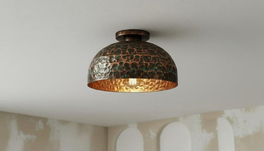 Handmade Moroccan Brass Flush Mount Ceiling Light – Hammered Dome Fixture with Dark Bronze and Green Patina, Warm Gold Interior