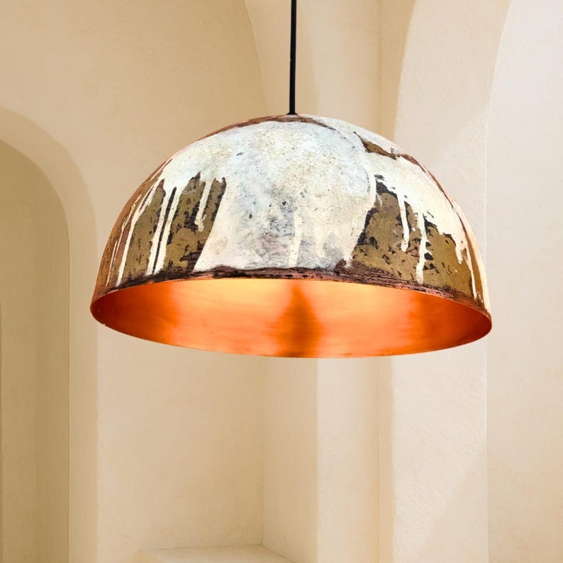 White & Gold Brass Dome Pendant Light – Hand-Finished Moroccan Kitchen Island Chandelier with Copper Interior