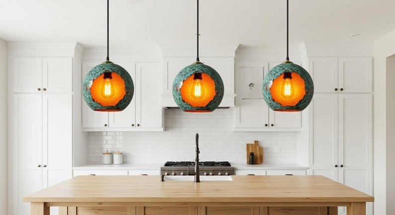 Verdigris Brass Globe Pendant Light – Hammered Copper Orb Hanging Lamp with Open Cutout Design