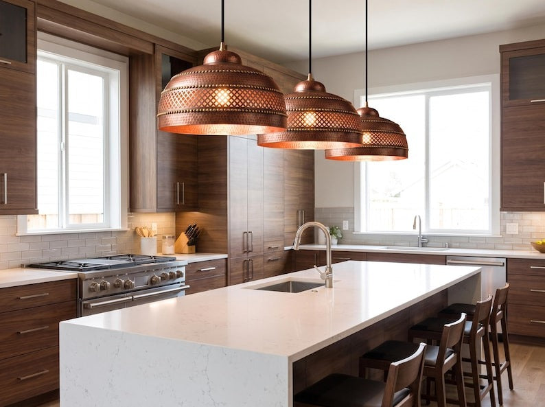 set of 2 Handmade Moroccan Brass Pendant Light – Hammered Copper Finish Dome Lamp with Pierced Lattice Band, Rustic Kitchen Island Ceiling Lighting