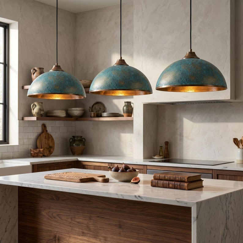 Handmade Hammered Brass Pendant Light with Patina – Moroccan Dome Hanging Lamp for Kitchen Island, Dining Room, Living Room & Modern Boho Decor