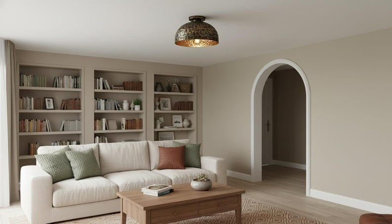 Handmade Moroccan Brass Flush Mount Ceiling Light – Hammered Dome Fixture with Dark Bronze and Green Patina, Warm Gold Interior