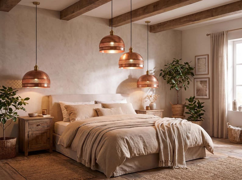 set of 2 Handmade Moroccan Brass Pendant Light – Hammered Copper Finish Dome Lamp with Pierced Lattice Band, Rustic Kitchen Island Ceiling Lighting