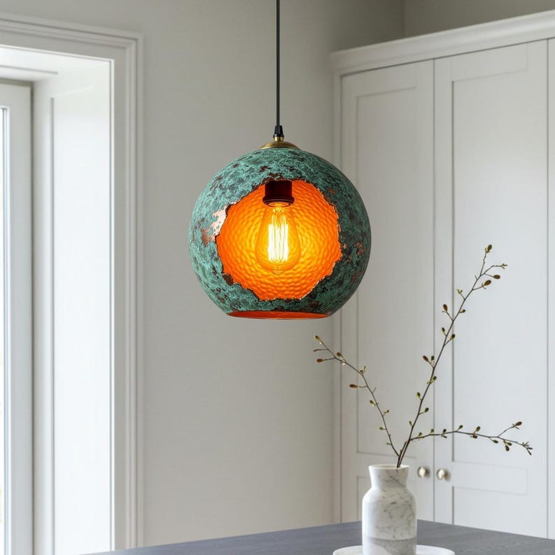 Verdigris Brass Globe Pendant Light – Hammered Copper Orb Hanging Lamp with Open Cutout Design