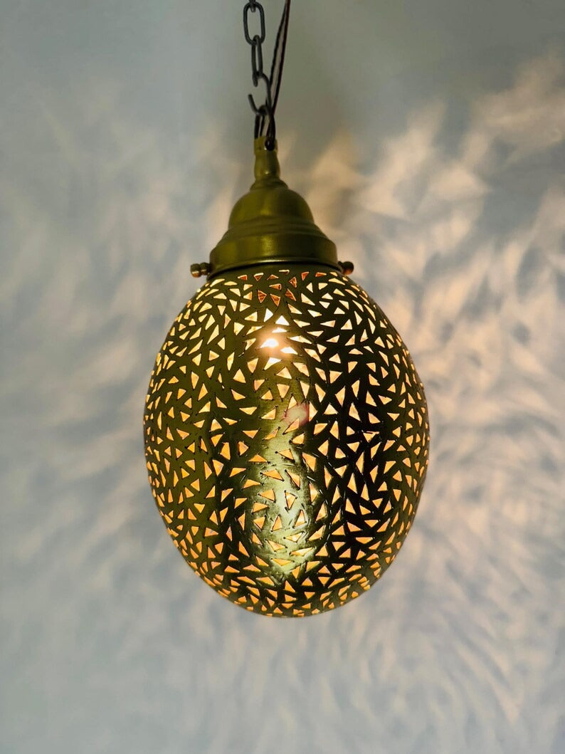 Moroccan Pierced Egg Lantern Pendant Light, Handmade Filigree Metal Hanging Lamp, Boho Moorish Shadow Chandelier, Rustic Arabic Ceiling Light Fixture