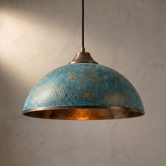 Handmade Hammered Brass Pendant Light with Patina – Moroccan Dome Hanging Lamp for Kitchen Island, Dining Room, Living Room & Modern Boho Decor
