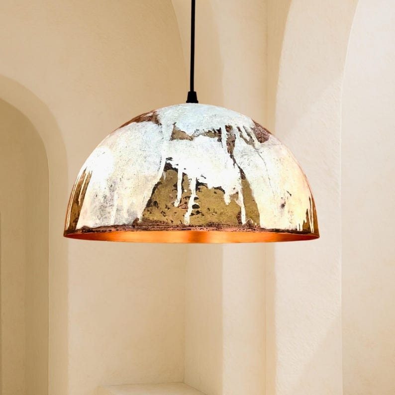 White & Gold Brass Dome Pendant Light – Hand-Finished Moroccan Kitchen Island Chandelier with Copper Interior