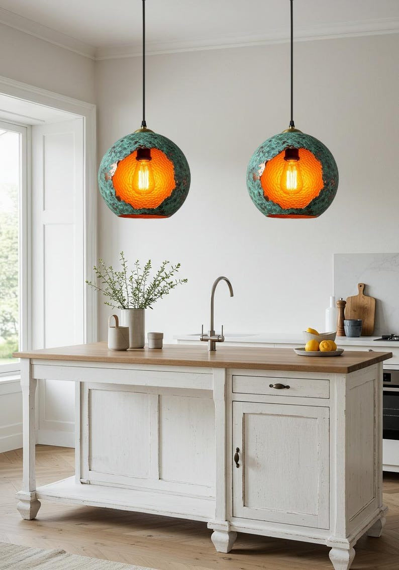 Verdigris Brass Globe Pendant Light – Hammered Copper Orb Hanging Lamp with Open Cutout Design