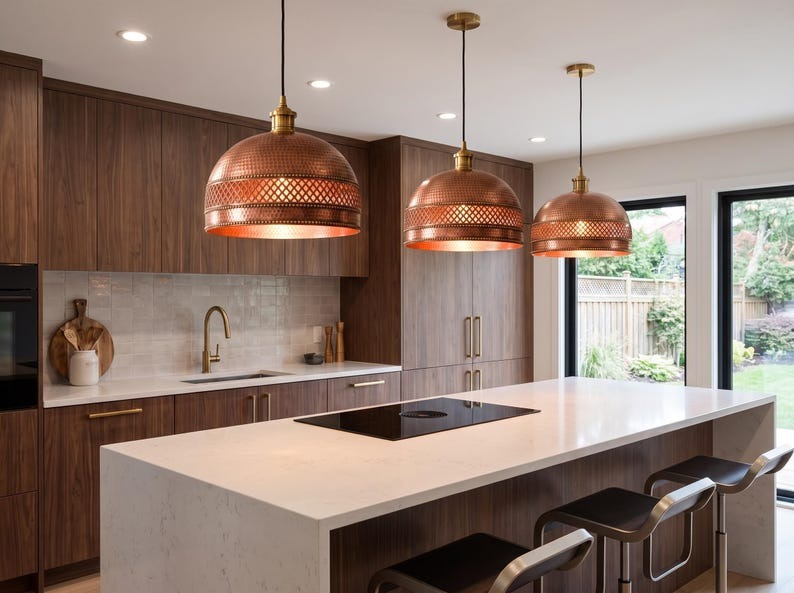 set of 2 Handmade Moroccan Brass Pendant Light – Hammered Copper Finish Dome Lamp with Pierced Lattice Band, Rustic Kitchen Island Ceiling Lighting