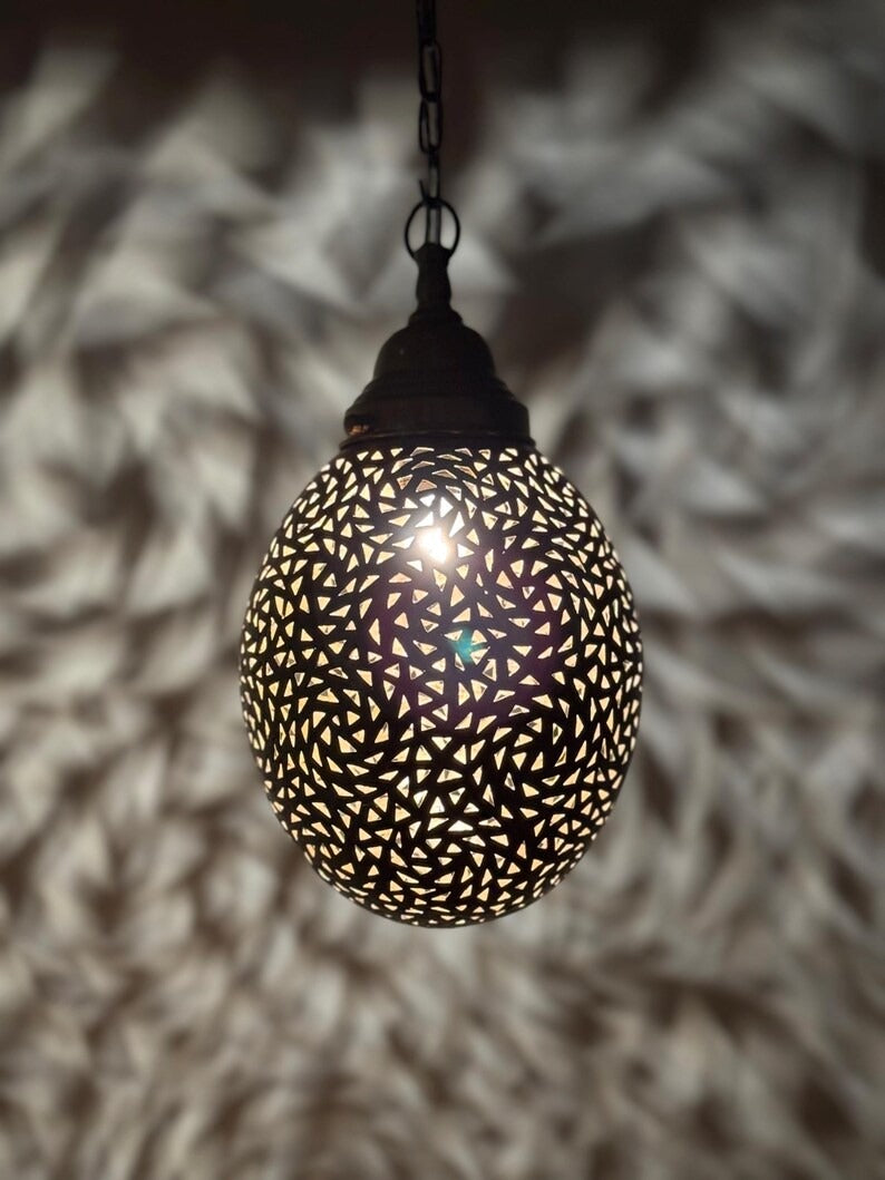 Moroccan Pierced Egg Lantern Pendant Light, Handmade Filigree Metal Hanging Lamp, Boho Moorish Shadow Chandelier, Rustic Arabic Ceiling Light Fixture
