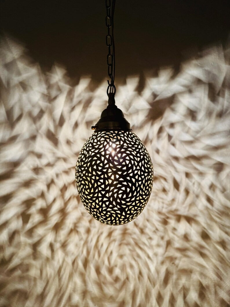 Moroccan Pierced Egg Lantern Pendant Light, Handmade Filigree Metal Hanging Lamp, Boho Moorish Shadow Chandelier, Rustic Arabic Ceiling Light Fixture