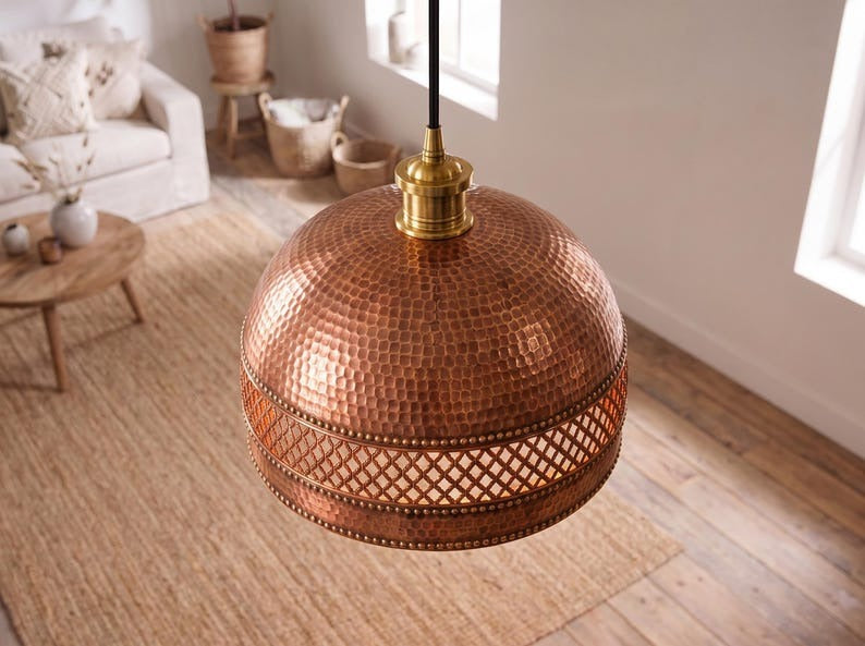 set of 2 Handmade Moroccan Brass Pendant Light – Hammered Copper Finish Dome Lamp with Pierced Lattice Band, Rustic Kitchen Island Ceiling Lighting