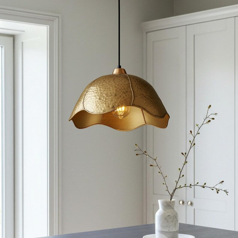 Hammered Brass Scalloped Dome Pendant Light – Handmade Gold Kitchen Island Chandelier