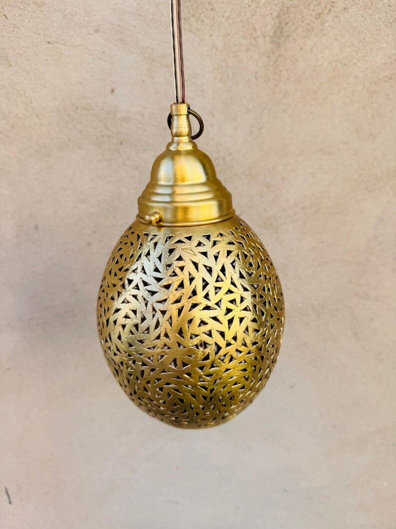 Moroccan Pierced Egg Lantern Pendant Light, Handmade Filigree Metal Hanging Lamp, Boho Moorish Shadow Chandelier, Rustic Arabic Ceiling Light Fixture
