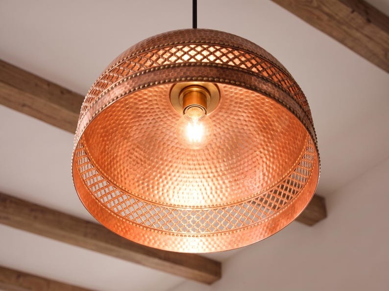 set of 2 Handmade Moroccan Brass Pendant Light – Hammered Copper Finish Dome Lamp with Pierced Lattice Band, Rustic Kitchen Island Ceiling Lighting