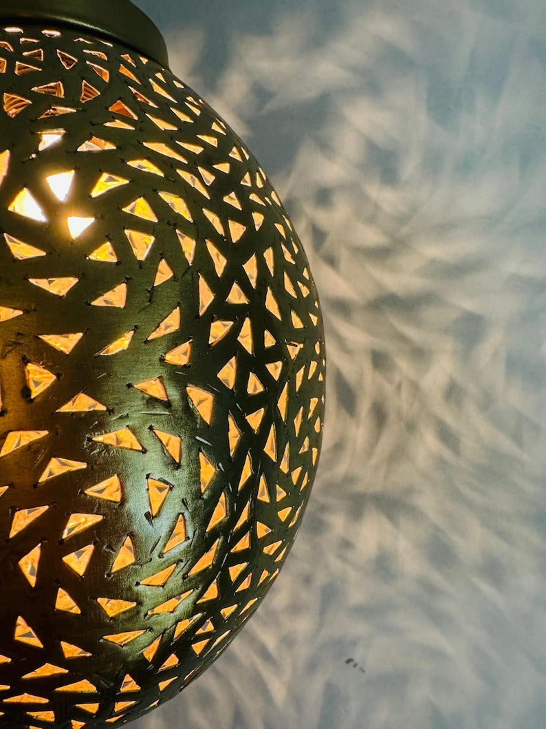 Moroccan Pierced Egg Lantern Pendant Light, Handmade Filigree Metal Hanging Lamp, Boho Moorish Shadow Chandelier, Rustic Arabic Ceiling Light Fixture