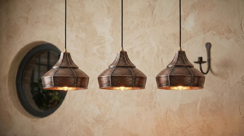Set of 3 Handmade Moroccan Brass Pendant Lights – Hammered Dark Copper Wide Cone Ceiling Lamps, Rustic Kitchen Island & Dining Room Lighting