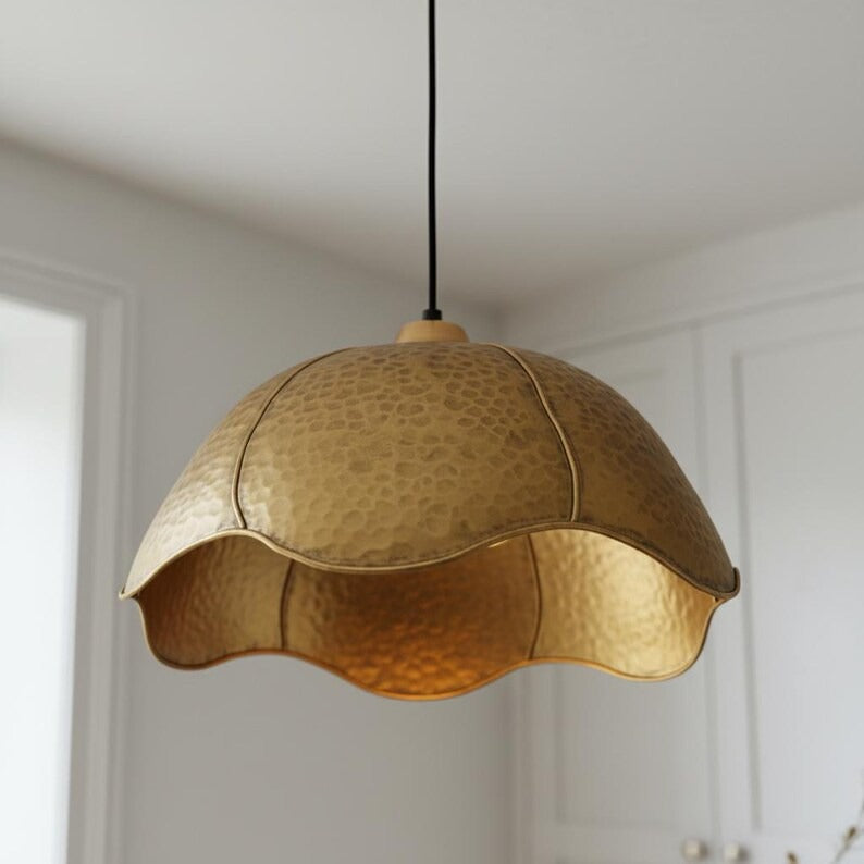 Hammered Brass Scalloped Dome Pendant Light – Handmade Gold Kitchen Island Chandelier
