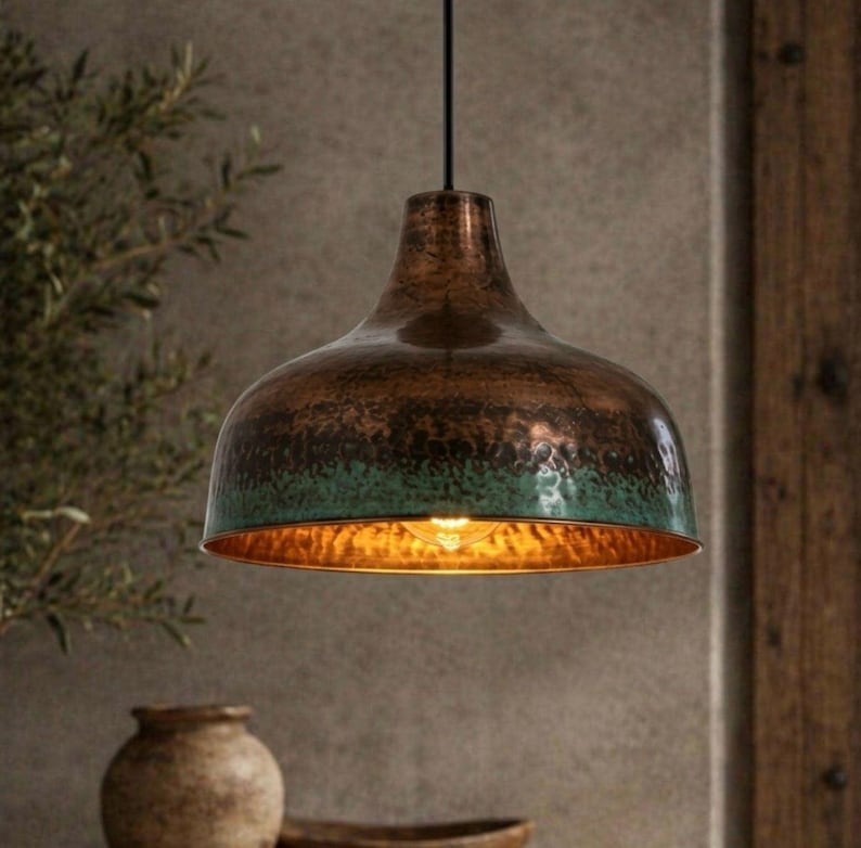 Handmade Moroccan Brass Dome Pendant Light – Aged Copper and Green Verdigris Hanging Lamp with Hammered Texture and Warm Gold Interior for Dining Room, Living Room & Kitchen Island