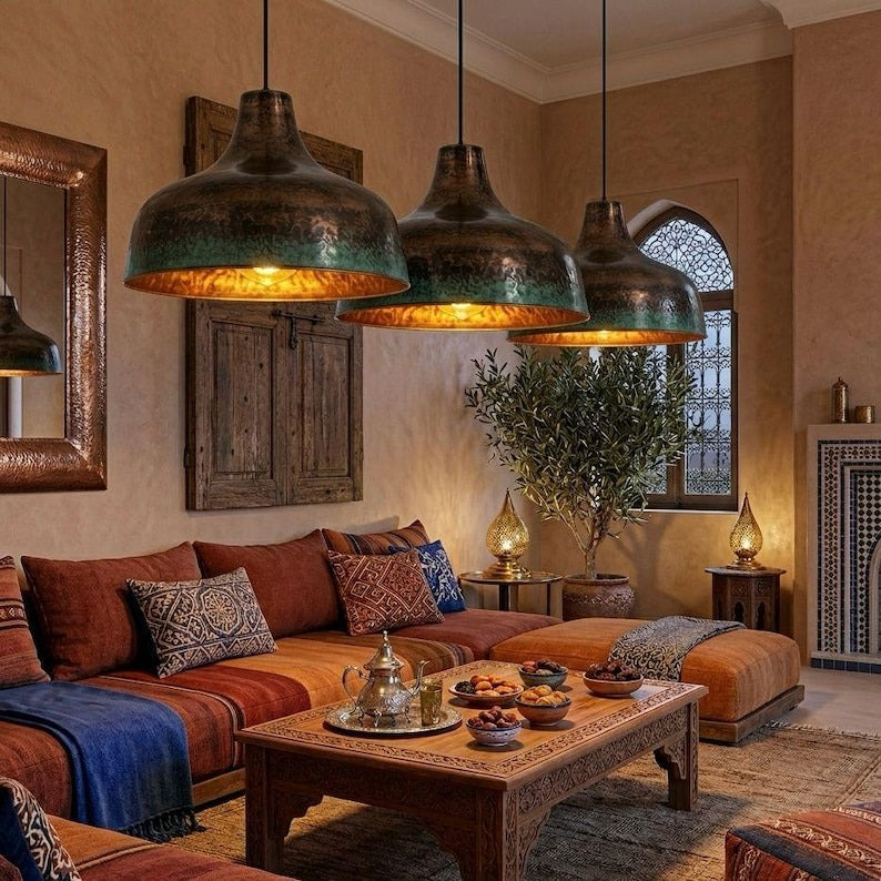 Handmade Moroccan Brass Dome Pendant Light – Aged Copper and Green Verdigris Hanging Lamp with Hammered Texture and Warm Gold Interior for Dining Room, Living Room & Kitchen Island