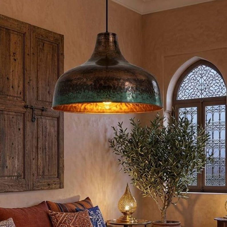 Handmade Moroccan Brass Dome Pendant Light – Aged Copper and Green Verdigris Hanging Lamp with Hammered Texture and Warm Gold Interior for Dining Room, Living Room & Kitchen Island