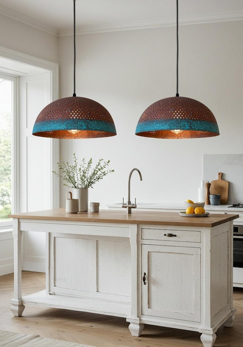 Pierced Brass Dome Pendant Light – Copper & Turquoise Verdigris Kitchen Island Chandelier