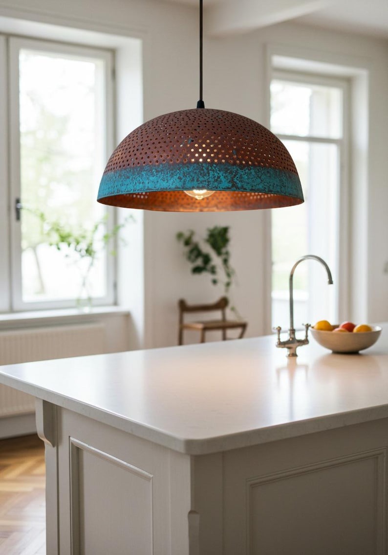 Pierced Brass Dome Pendant Light – Copper & Turquoise Verdigris Kitchen Island Chandelier