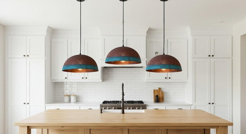 Pierced Brass Dome Pendant Light – Copper & Turquoise Verdigris Kitchen Island Chandelier