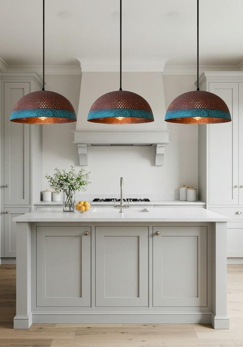 Pierced Brass Dome Pendant Light – Copper & Turquoise Verdigris Kitchen Island Chandelier