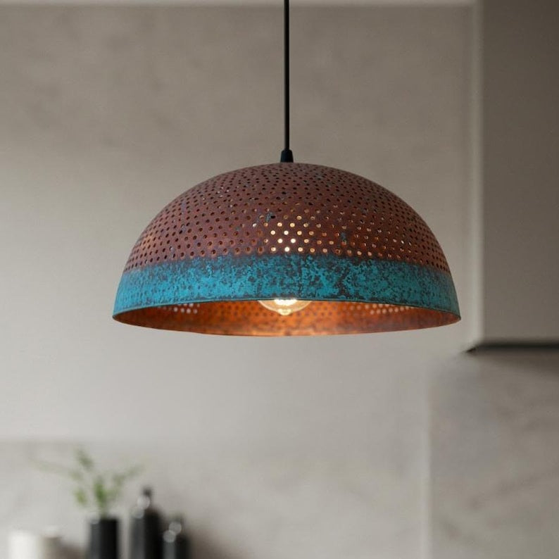 Pierced Brass Dome Pendant Light – Copper & Turquoise Verdigris Kitchen Island Chandelier
