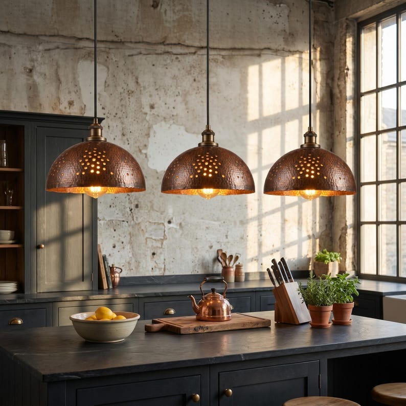 Set of 3 Handmade Moroccan Brass Pendant Lights – Hammered Dark Copper Dome Ceiling Lamps with Pierced Dot Design, Kitchen Island & Dining Room Lighting
