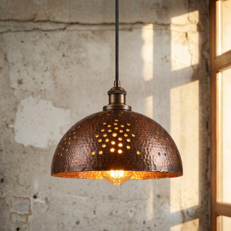 Set of 3 Handmade Moroccan Brass Pendant Lights – Hammered Dark Copper Dome Ceiling Lamps with Pierced Dot Design, Kitchen Island & Dining Room Lighting
