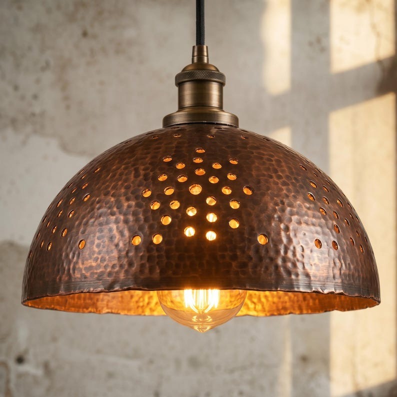 Set of 3 Handmade Moroccan Brass Pendant Lights – Hammered Dark Copper Dome Ceiling Lamps with Pierced Dot Design, Kitchen Island & Dining Room Lighting