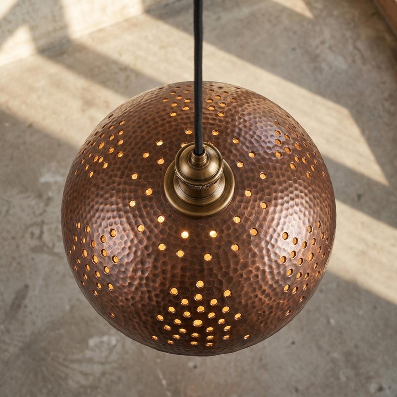 Set of 3 Handmade Moroccan Brass Pendant Lights – Hammered Dark Copper Dome Ceiling Lamps with Pierced Dot Design, Kitchen Island & Dining Room Lighting
