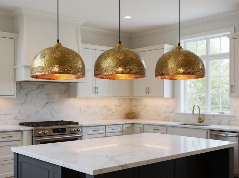 Pierced Brass Dome Pendant Light, Handmade Moroccan Gold Brass Chandelier, Hammered Kitchen Island Hanging Lamp, Rustic Boho Farmhouse Ceiling Light Fixture