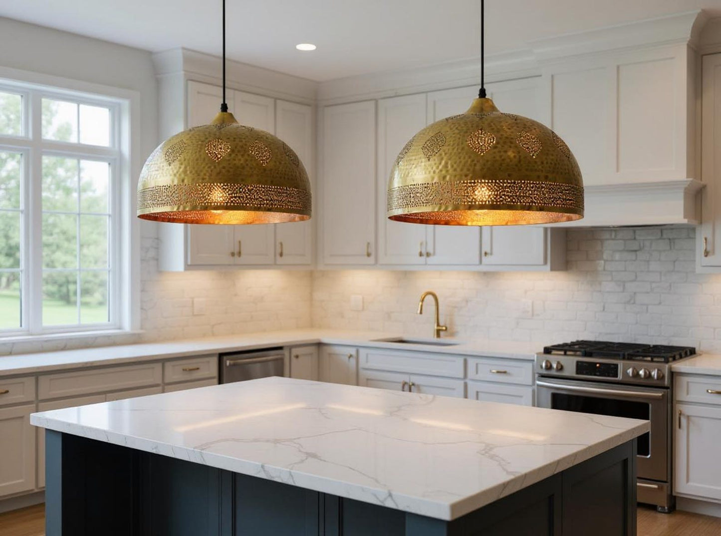 Pierced Brass Dome Pendant Light, Handmade Moroccan Gold Brass Chandelier, Hammered Kitchen Island Hanging Lamp, Rustic Boho Farmhouse Ceiling Light Fixture